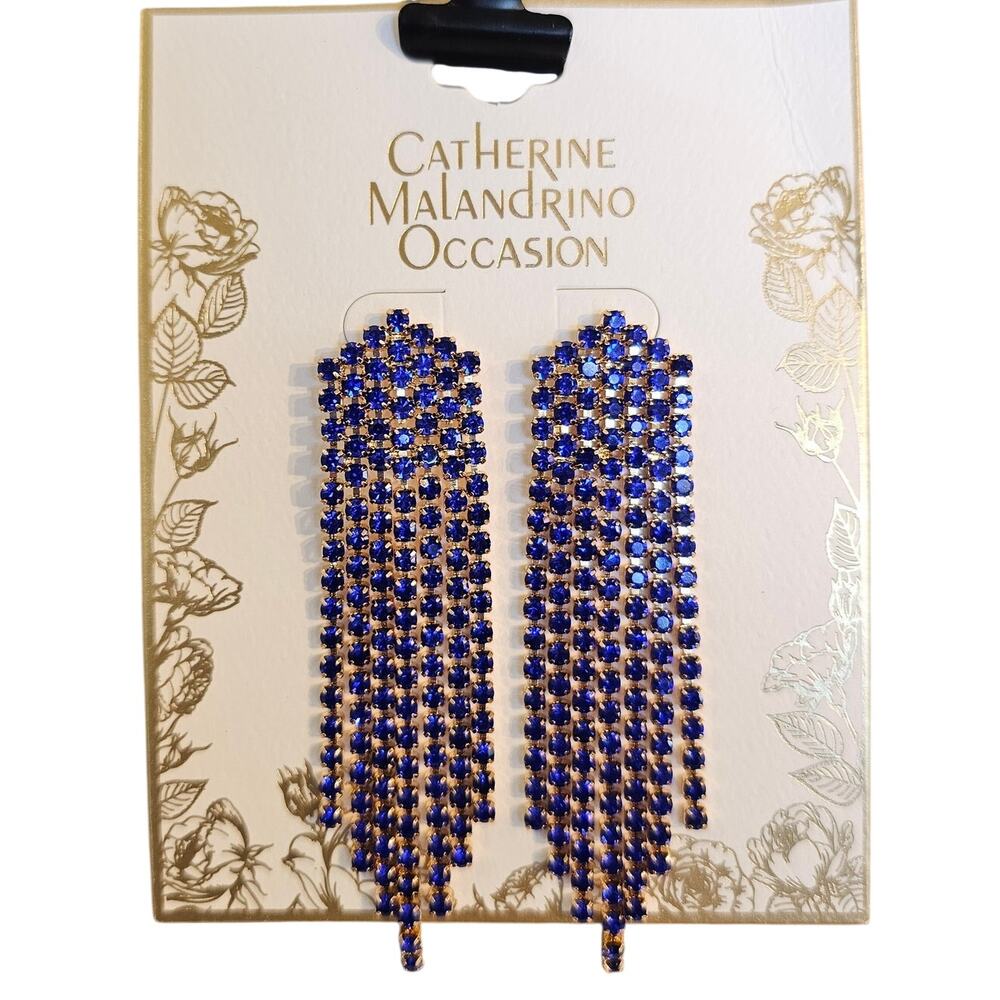 Blue Rhinestone Fringe Drop Earrings Long Dangle Statement Glam Pierced 3"